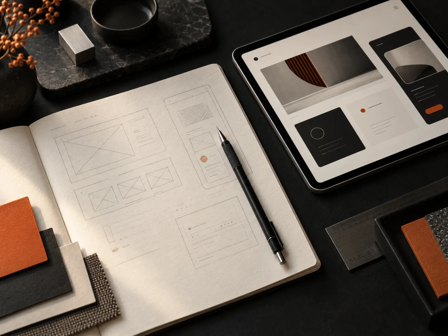 Illustrative workspace with sketches, colour samples and digital design