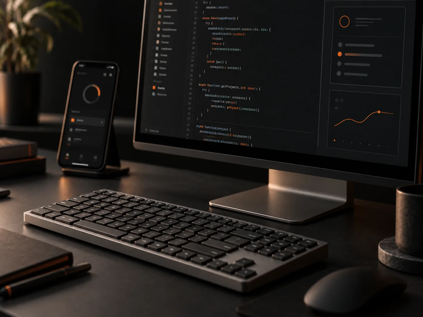 Illustrative workspace with code, a keyboard and a mobile app