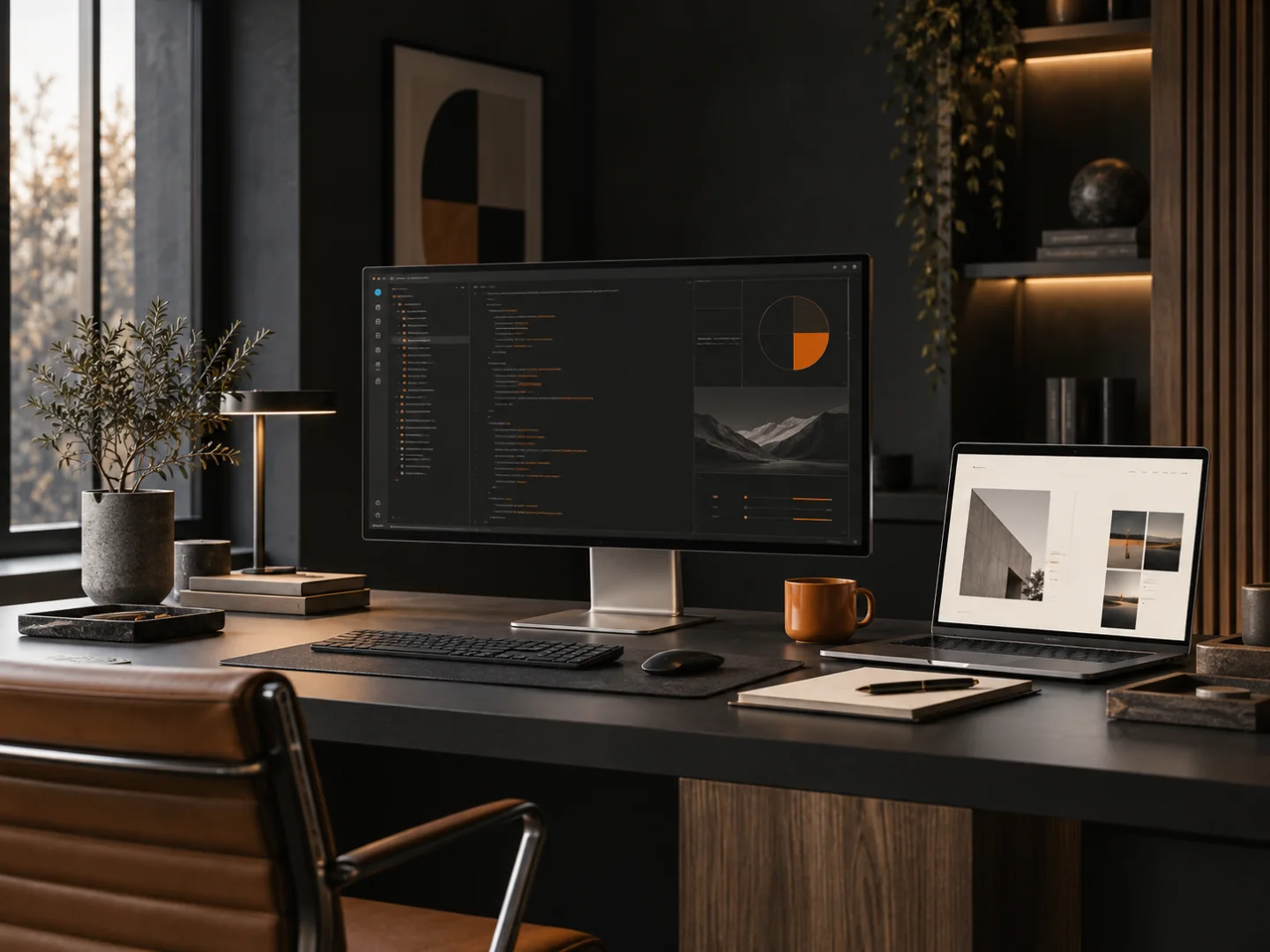 Illustrative studio scene with a website and code on the screens